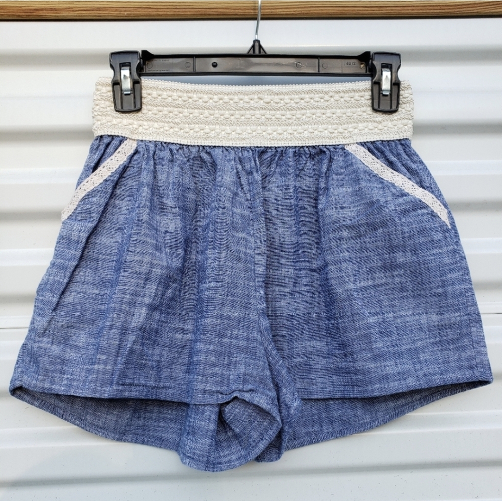 Twenty Second light weight blue denim chambray shorts with lace trim